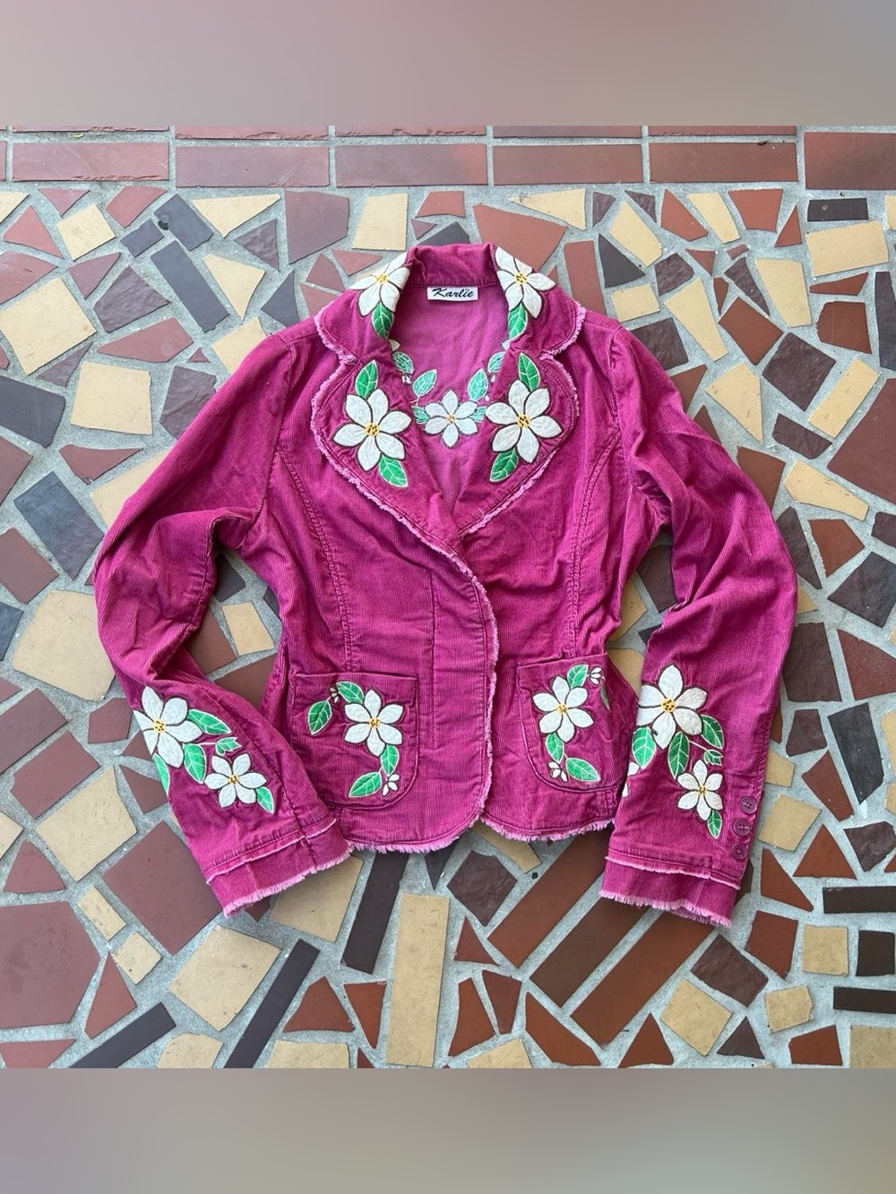 Karlie Fuchsia Floral Embroidered Corduroy Blazer